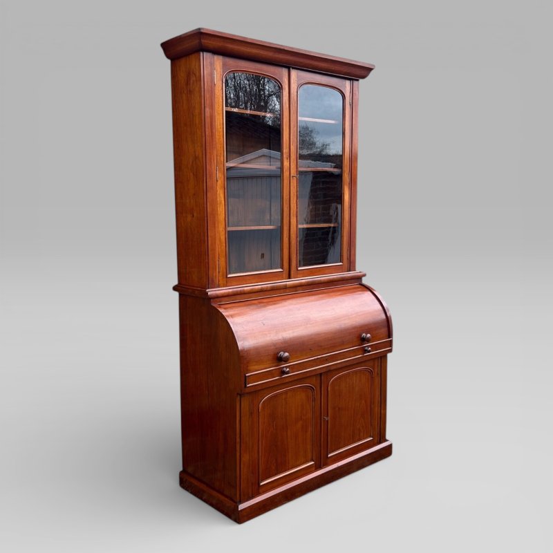 Antique Victorian Walnut Cylinder Bureau Bookcase With Writing Desk & Cupboard - Image 3